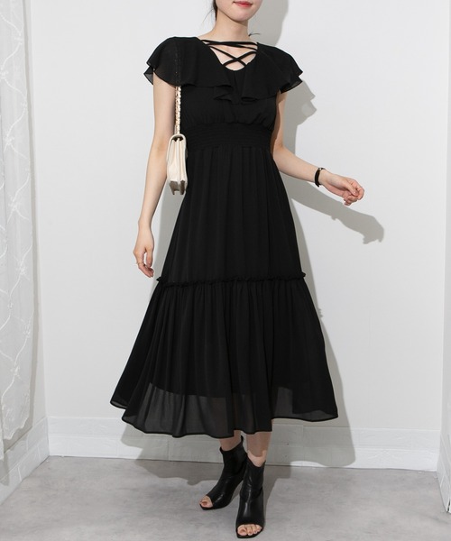 pumpkin port ワンピース クロスネック フリルデザイン ロング