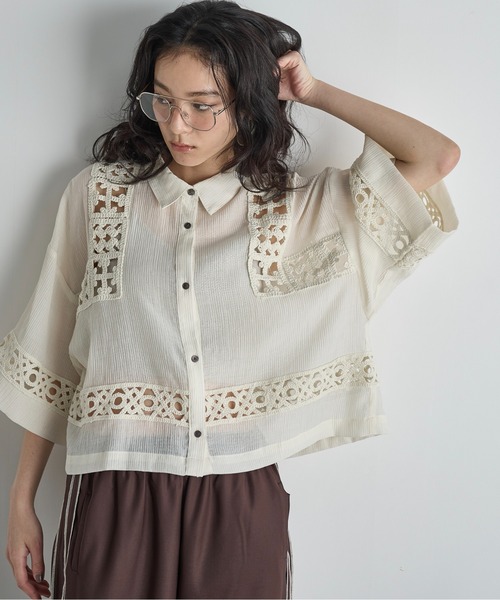 ブラウス シャツ クロシェアクセントクロップドハーフスリーブリネンシャツ レディース THE Yon ブラウス シャツ クロシェアクセントクロップドハーフ