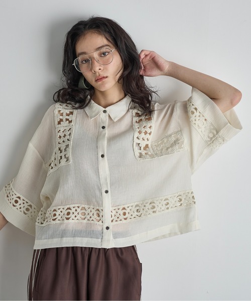 THE Yon ブラウス シャツ 半袖 クロシェアクセントクロップドハーフ