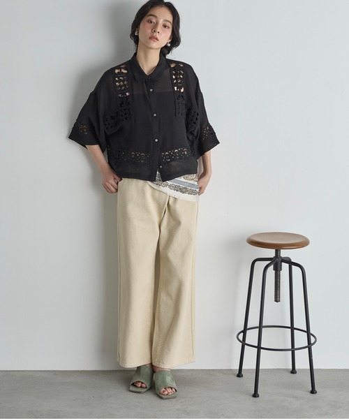 ブラウス シャツ クロシェアクセントクロップドハーフスリーブリネンシャツ レディース THE Yon ブラウス シャツ クロシェアクセントクロップドハーフ