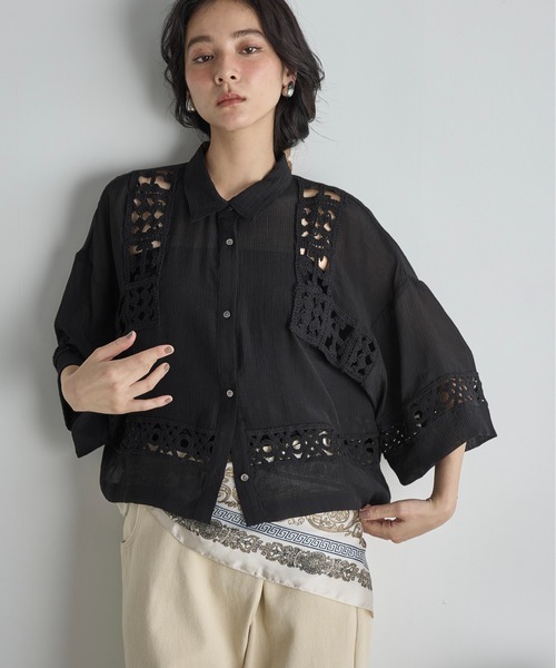 ブラウス シャツ クロシェアクセントクロップドハーフスリーブリネンシャツ レディース THE Yon ブラウス シャツ クロシェアクセントクロップドハーフ