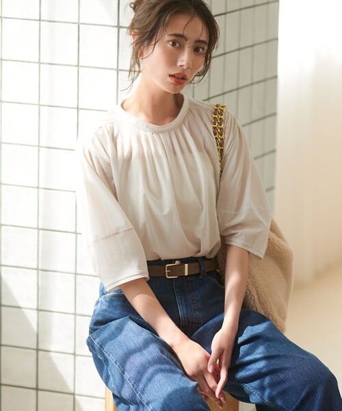 tシャツ 「洗える」クリアトリコットジャージー ギャザーフォルム カットソー レディース