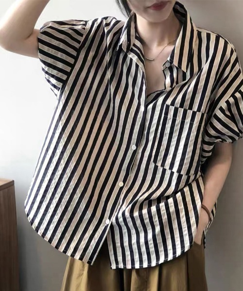 ReRe ブラウス シャツ ストライプ半袖シャツ レディース : ZOZOTOWN