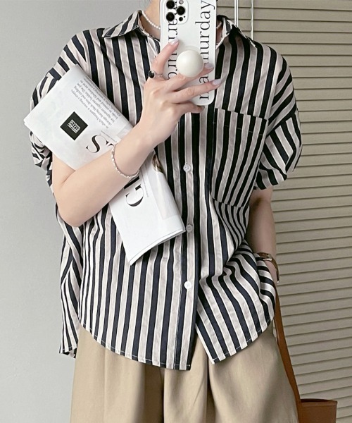 シャツ/ブラウス(半袖/袖なし) MYLAN Stripe Ruffle Blouse 全商品アイテム/トップス/シャツ・ブラウス/ストライプ｜スタイロラ