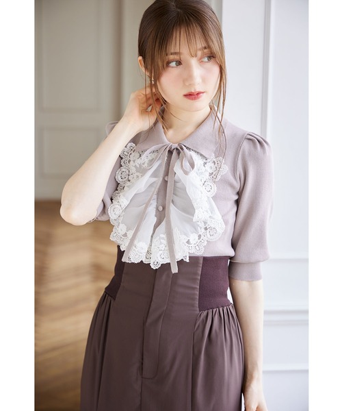 ニット セーター 襟＆リボン付きレースフリル装飾ニットプルオーバー レディース tocco closet ニット セーター 襟＆リボン付きレースフリル装飾