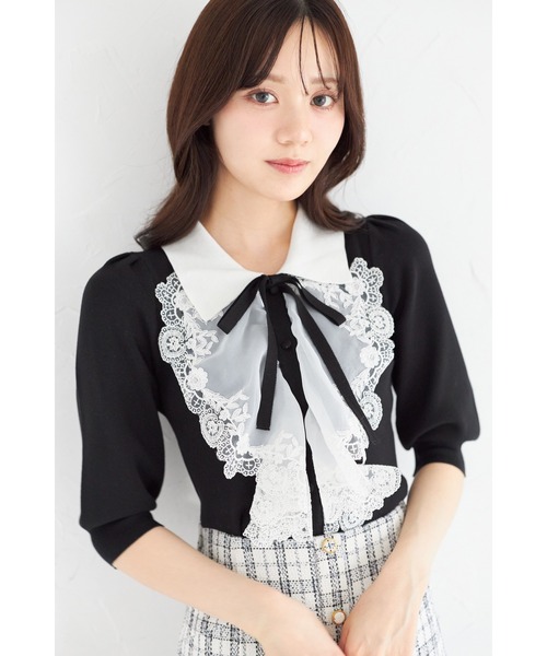 ニット セーター 襟＆リボン付きレースフリル装飾ニットプルオーバー レディース tocco closet ニット セーター 襟＆リボン付きレースフリル装飾