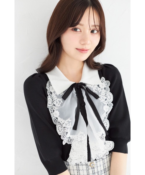 ニット セーター 襟＆リボン付きレースフリル装飾ニットプルオーバー レディース tocco closet ニット セーター 襟＆リボン付きレースフリル装飾