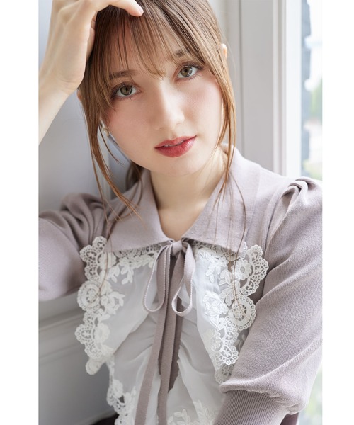 ニット セーター 襟＆リボン付きレースフリル装飾ニットプルオーバー レディース tocco closet ニット セーター 襟＆リボン付きレースフリル装飾
