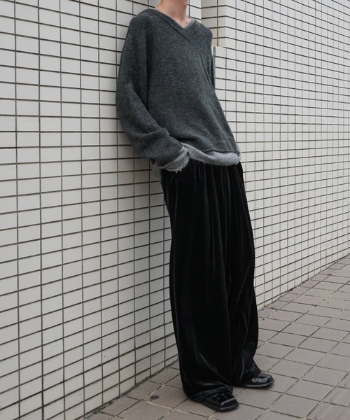 パンツ Perushu 黒のスタッズ付きワイドパンツ ベロアスタッズワイドパンツ レディース メンズ パンツ