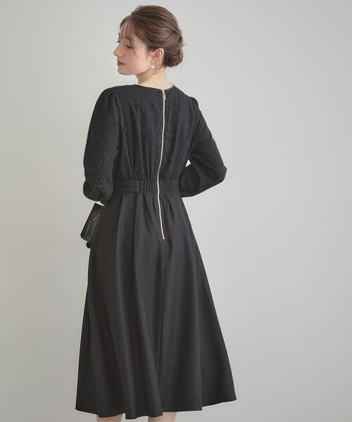 【LLサイズ】✿ブローチ付き✿ふくれジャカードドッキングワンピース　ブラック　黒 ルイルエブティック RUIRUE BOUTIQUE オケージョンドレス 結婚式