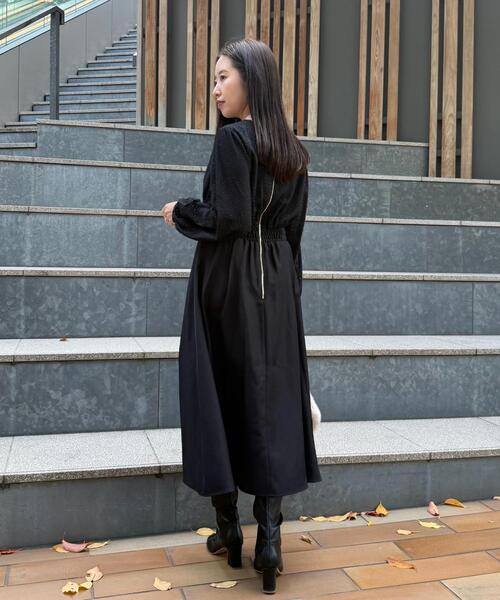 【LLサイズ】✿ブローチ付き✿ふくれジャカードドッキングワンピース　ブラック　黒 ルイルエブティック RUIRUE BOUTIQUE オケージョンドレス 結婚式