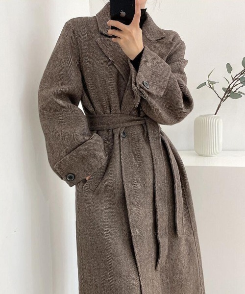 コート アウター ヘリンボーン柄 ダブルブレスト ウールコート ベルト