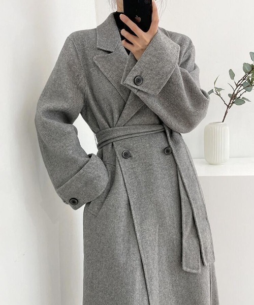 コート アウター ヘリンボーン柄 ダブルブレスト ウールコート ベルト
