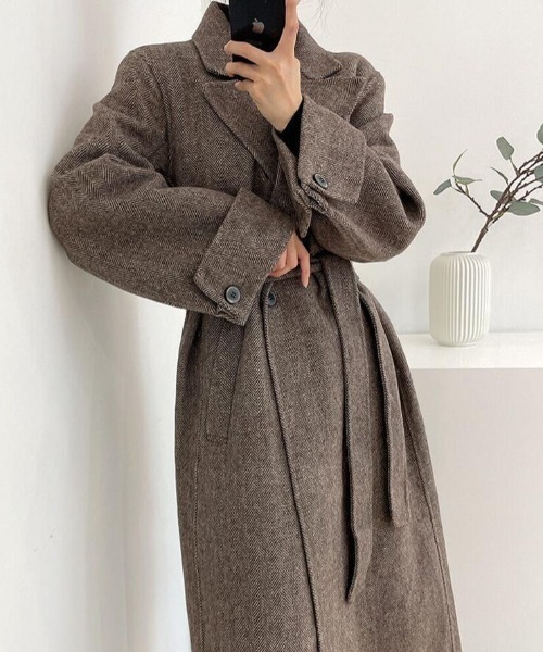 ウール ダブルブレスト ロングコート グレーブラウン コート アウター ヘリンボーン柄 ダブルブレスト ウールコート ベルト