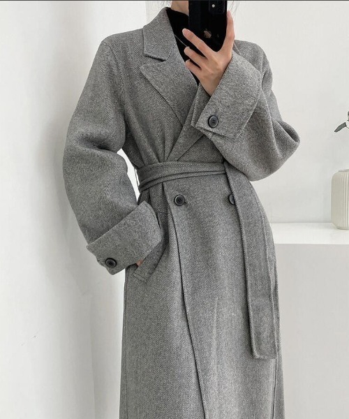 ジョルジオアルマーニ　ロングコート　ヘリンボーン　ウール　グレー　レディース コート アウター ヘリンボーン柄 ダブルブレスト ウールコート ベルト