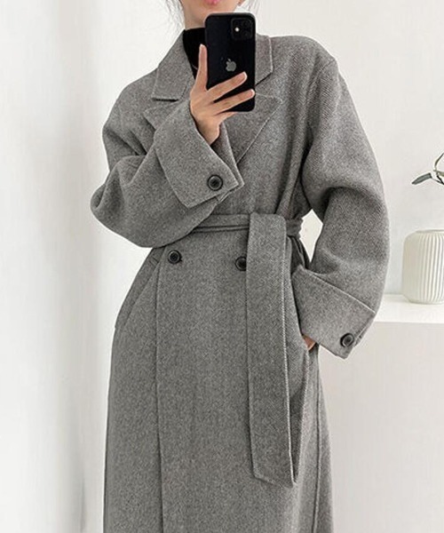 グレーのウールロングコート ベルト付き　新品　タグ付き ベルテッドダブルチェスターコート【ロング丈】（チェスターコート