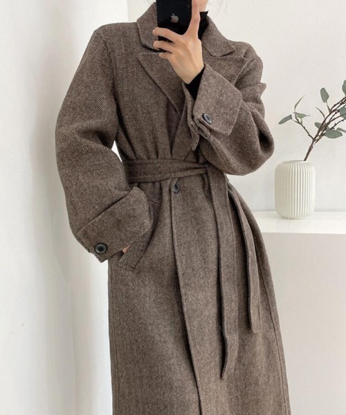 コート アウター ヘリンボーン柄 ダブルブレスト ウールコート ベルト