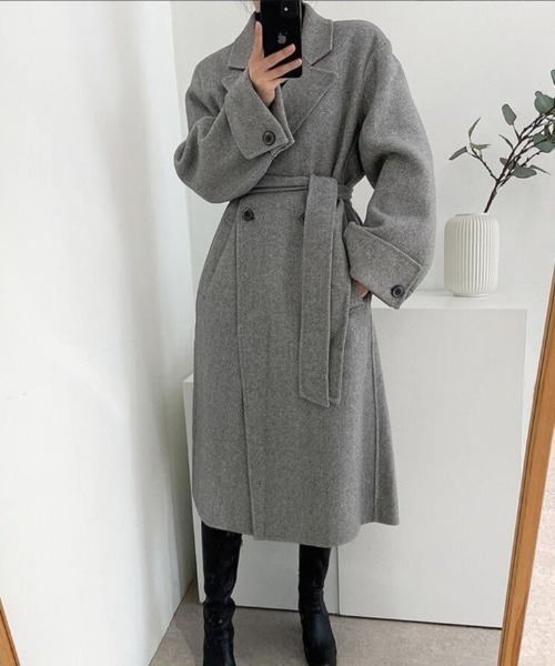 ジョルジオアルマーニ　ロングコート　ヘリンボーン　ウール　グレー　レディース カラウティア callautia callautia ヘリンボーンステンカラーロング