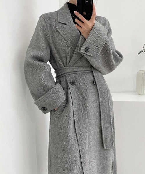 コート アウター ヘリンボーン柄 ダブルブレスト ウールコート ベルト