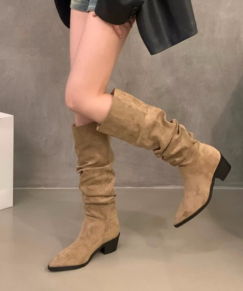 CELENA BEATS ブーツ スエードタッチ スクエアヒール ルーズ ロング