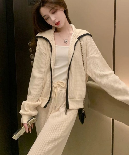  ベージュ ジップアップジャージ NoBelle ジャージ 上下セットアップ 配色ジャージフードトップス