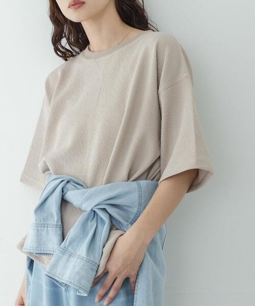 tシャツ カットジャガードドロスト五分袖プルオーバー レディースの画像