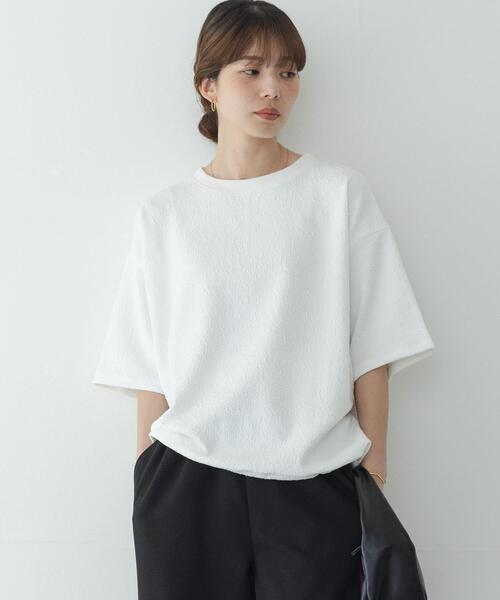 tシャツ カットジャガードドロスト五分袖プルオーバー レディースの画像