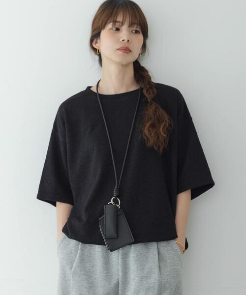 tシャツ カットジャガードドロスト五分袖プルオーバー レディースの画像