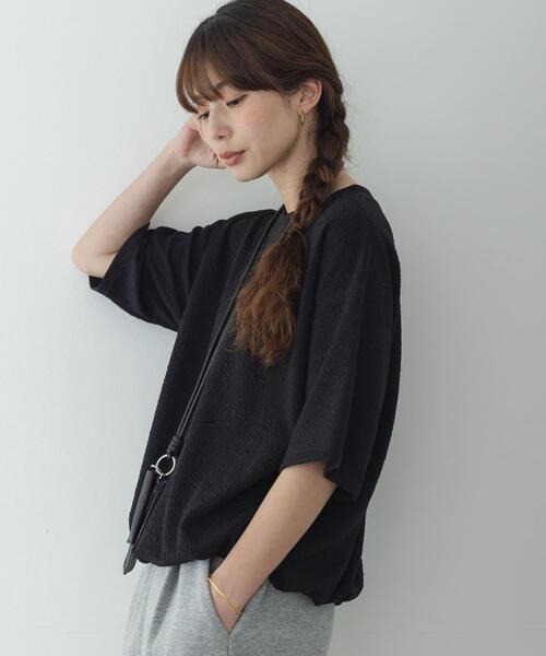 tシャツ カットジャガードドロスト五分袖プルオーバー レディースの画像