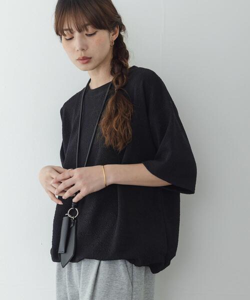 tシャツ カットジャガードドロスト五分袖プルオーバー レディースの画像