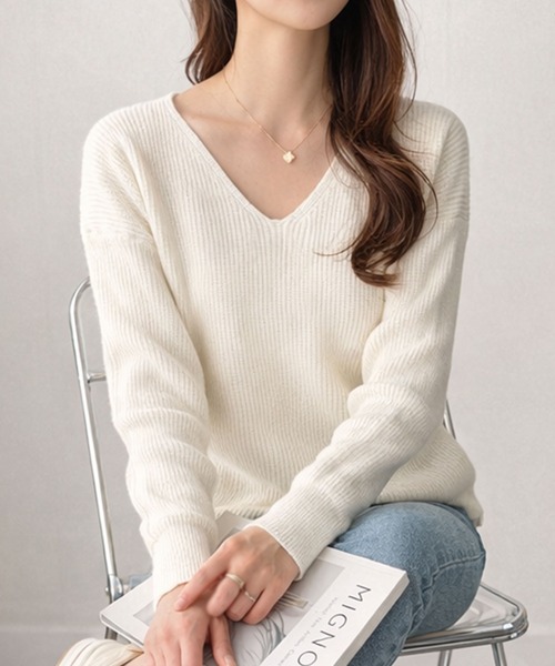 Dewlily ニット セーター Vネックとスリットですっきり感 ルーズ 