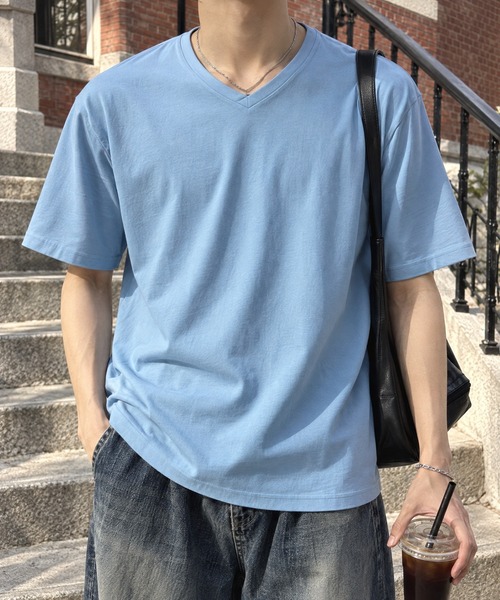 【美品】Cruciani Vネック コットンTシャツ 48 ダスティブルー CIYOT tシャツ 「接触冷感」クールハイゲージコットンレギュラー