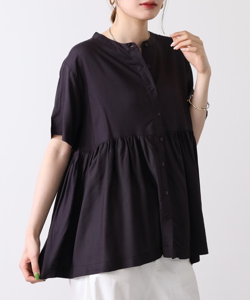 ADORE スリットデザイン リネン混 黒 半袖 ブラウス 上品 きれいめ atONE（アットワン） リネンシャツ ブラウス シャツ 夏 半袖 接触冷感