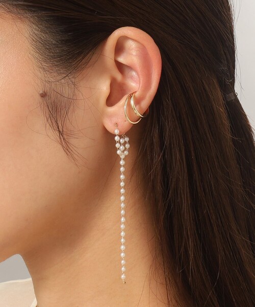 COCOSHNIK ピアス K10パールチェーン ロングフープピアス