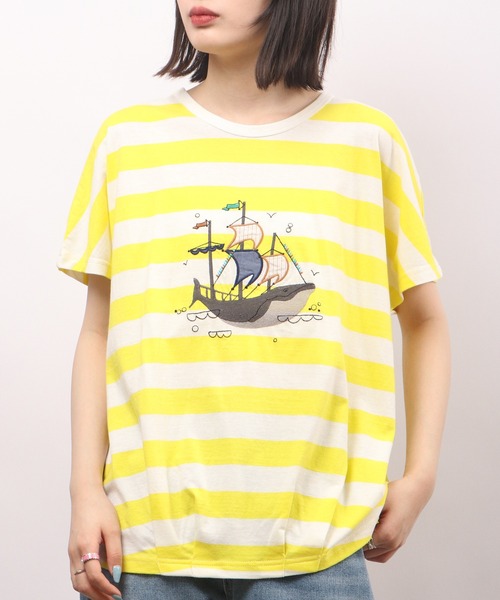 tシャツ EMAGO くじらパッチワーク刺繍ドルマン半袖Tシャツ レディース