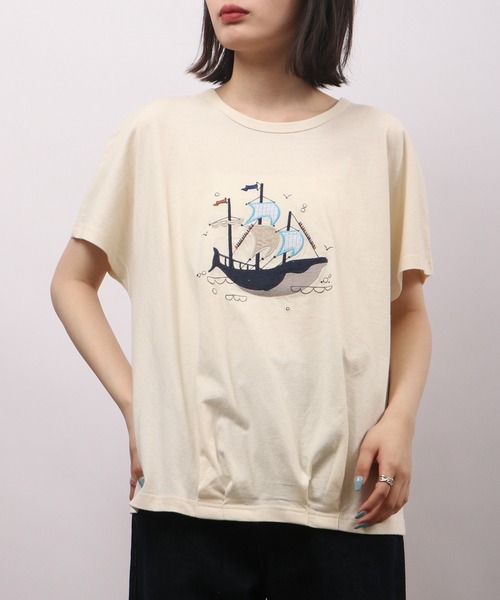 tシャツ EMAGO くじらパッチワーク刺繍ドルマン半袖Tシャツ レディース Emago tシャツ EMAGO くじらパッチワーク刺繍ドルマン半袖T
