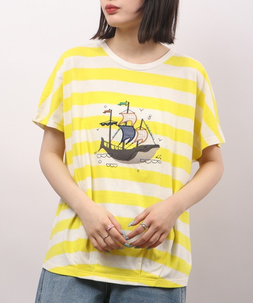 tシャツ EMAGO くじらパッチワーク刺繍ドルマン半袖Tシャツ レディース Emago tシャツ EMAGO くじらパッチワーク刺繍ドルマン半袖T