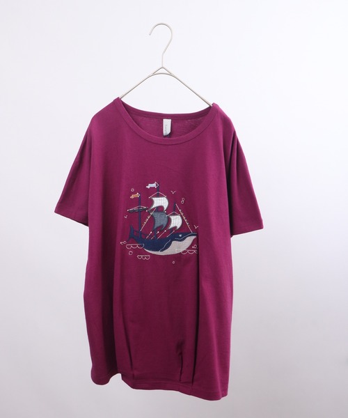 tシャツ EMAGO くじらパッチワーク刺繍ドルマン半袖Tシャツ レディース Emago tシャツ EMAGO くじらパッチワーク刺繍ドルマン半袖T