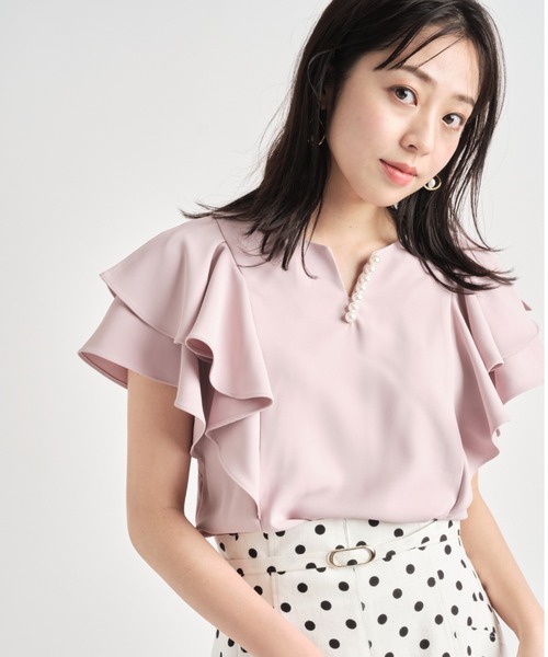 美品 ジャスグリッティー ブラウス 長袖 ベージュ ピンク Ｍ 2 JUSGLITTY（ジャスグリッティー） ノースリーブブラウス 2 ピンク