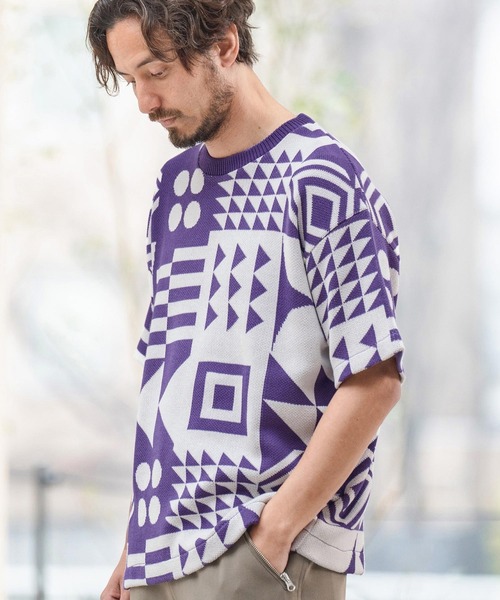 CAMBIO セーター ニット mn2938- 幾何学柄ニットT Tシャツ メンズ 