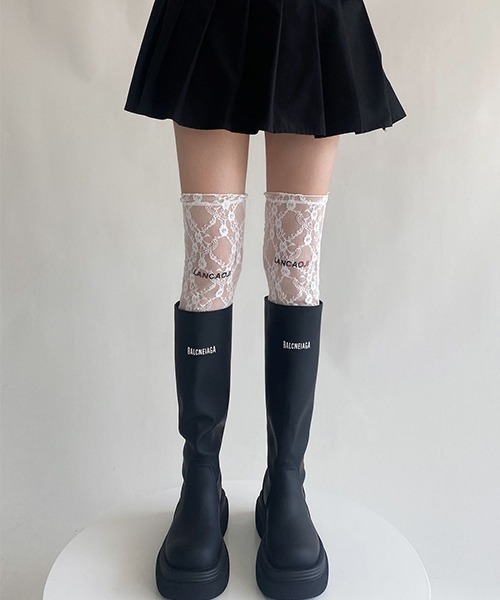 c.u.l 靴下 フラワーデザイン ロゴ入りニーハイソックス レース