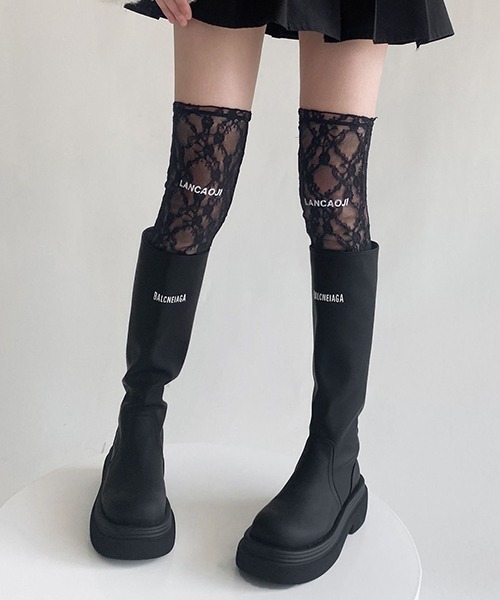 c.u.l 靴下 フラワーデザイン ロゴ入りニーハイソックス レース