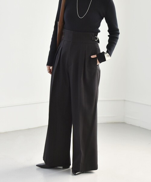 ハイウエスト 黒 ワイドパンツ 5ボタン　ウール100% quaranciel パンツ quaranciel:「洗濯機可能」ストライプ ハイウエスト