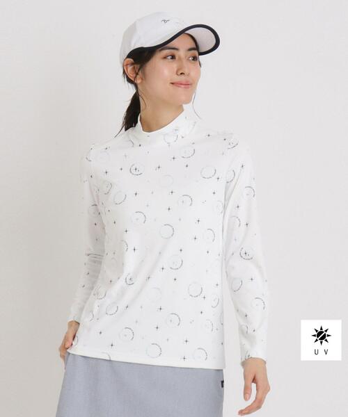 tシャツ UVカット ロゴドットプリント長袖モックネックT レディース