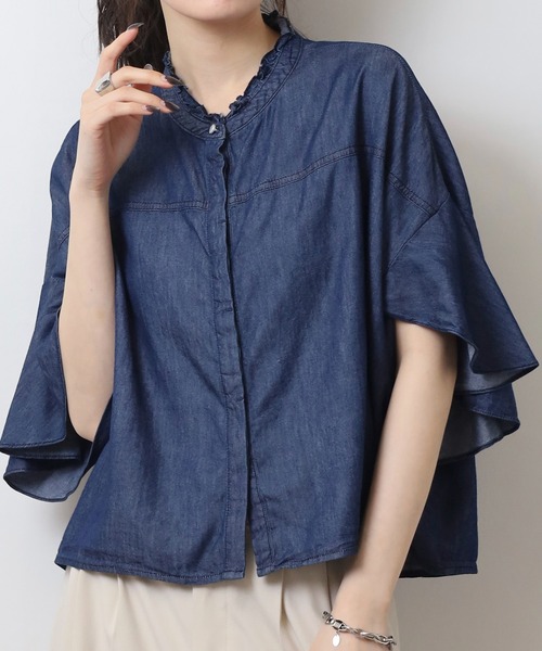 ブラウス シャツ EGLANTINE ダンガリーフレアスリーブブラウス レディース