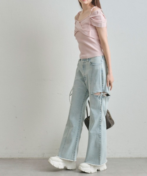 OLIVE des OLIVE サイドスリットストレッチ デニムパンツ S S/M/Lサイズ展開/美脚効果】サイドスリットストレッチデニム