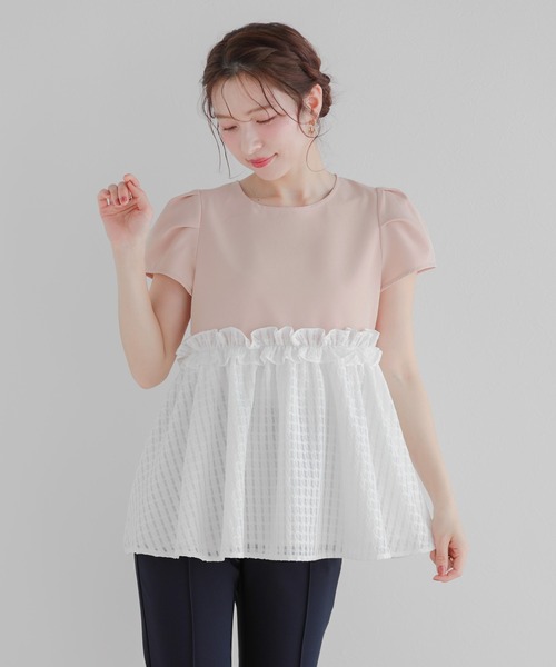 fitmore シアーチェックペプラムトップス 半袖 ピンク・ホワイト Fit more シアーチェックペプラムトップス レディース