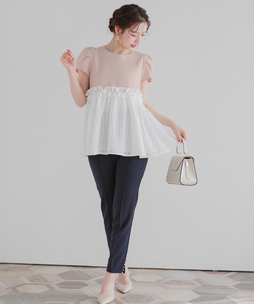 fitmore シアーチェックペプラムトップス 半袖 ピンク・ホワイト Fit more シアーチェックペプラムトップス レディース