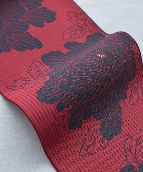 帯単品 小袋帯 utatane 博多織 長尺 正絹 牡丹 レッド×ブラック 日本製 レディースの画像