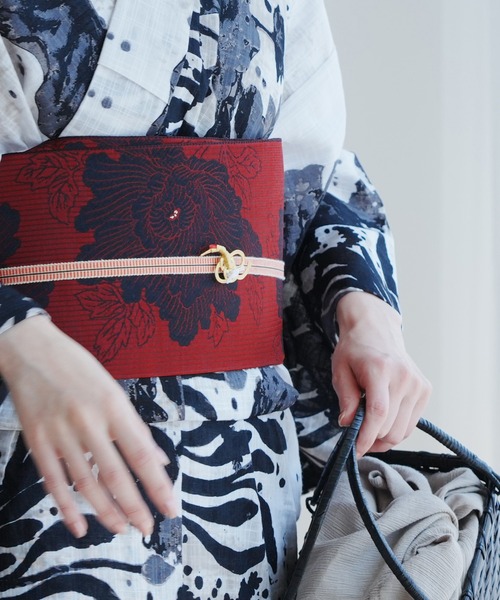 帯単品 小袋帯 utatane 博多織 長尺 正絹 牡丹 レッド×ブラック 日本製 レディースの画像
